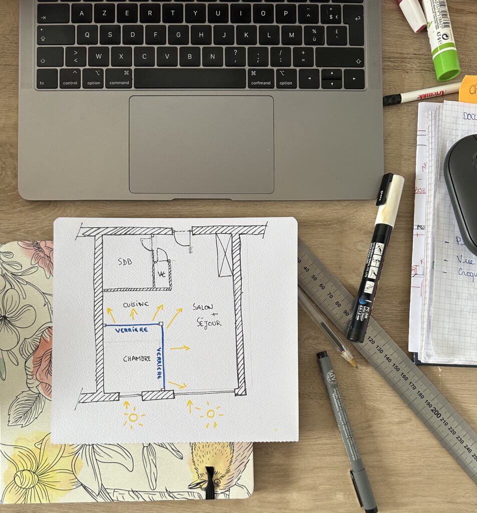 Croquis de circulation de la lumière dans un appartement orienté plein nord